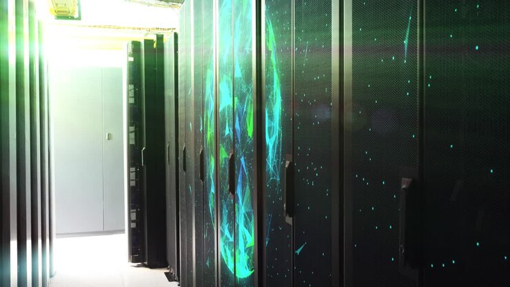 Animation of moving shapes over server room