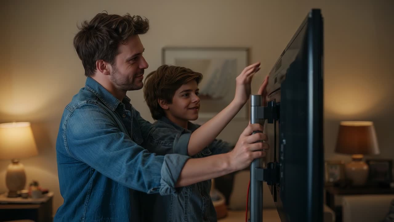Noticing tilted screen, father and son in denim shirts adjusting mount knobs at home, securing TV