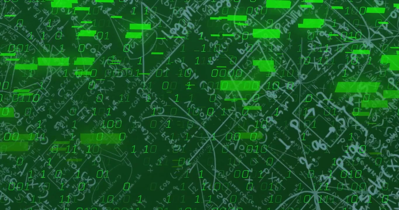 Isolated green glitch bars sliding on chalkboard, drifting with binary digits showing digital noise