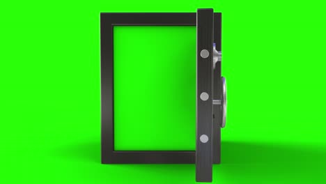 3d animation of opening a metal safe bank box with camera going toward with chroma key background