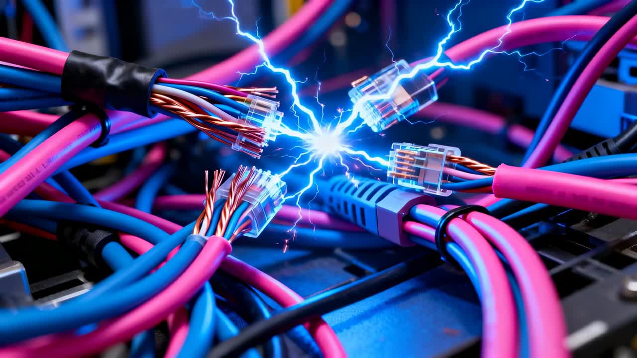 Sparking bundle pink or blue cables RJ45 plugs sending blue arcs in bay after bright point appearing