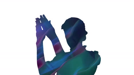 animation of silhouette of woman dancing and clapping with light trails on white background