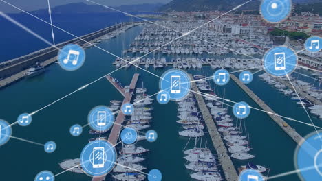 animation of network of connections with icons over marina