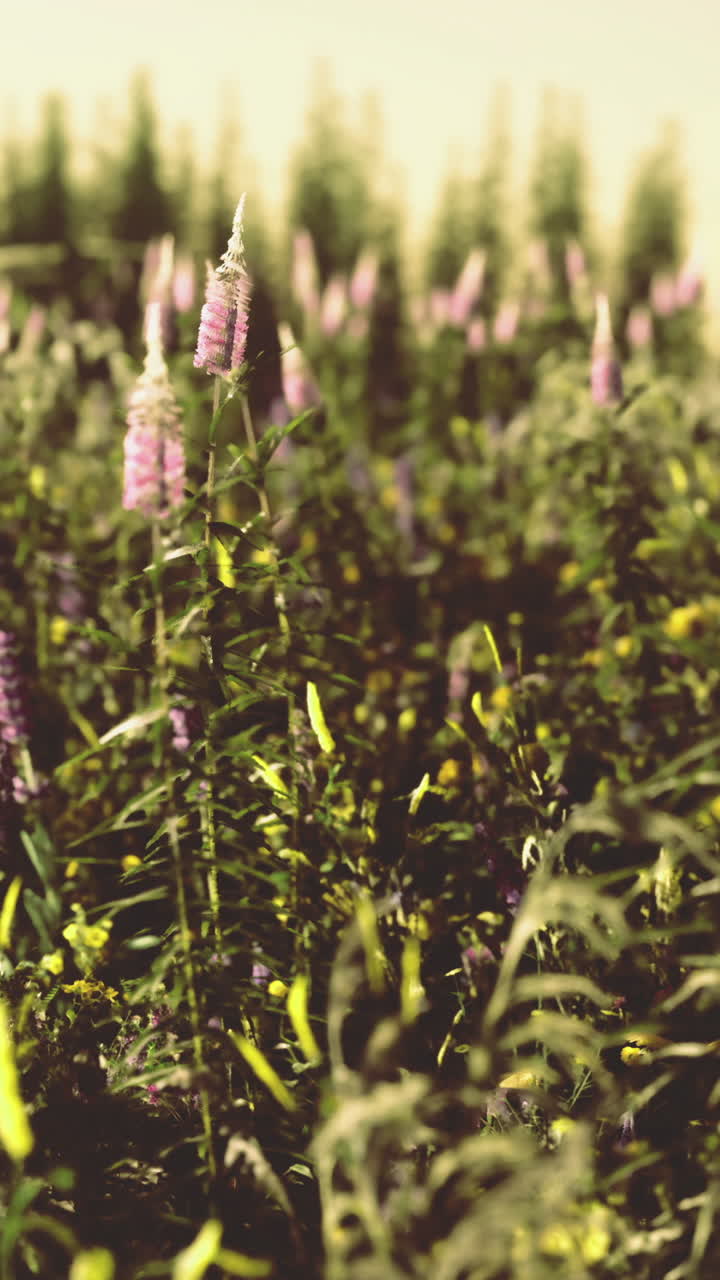 File di fiori in un campo verde al tramonto vicino a un sentiero del giardino.