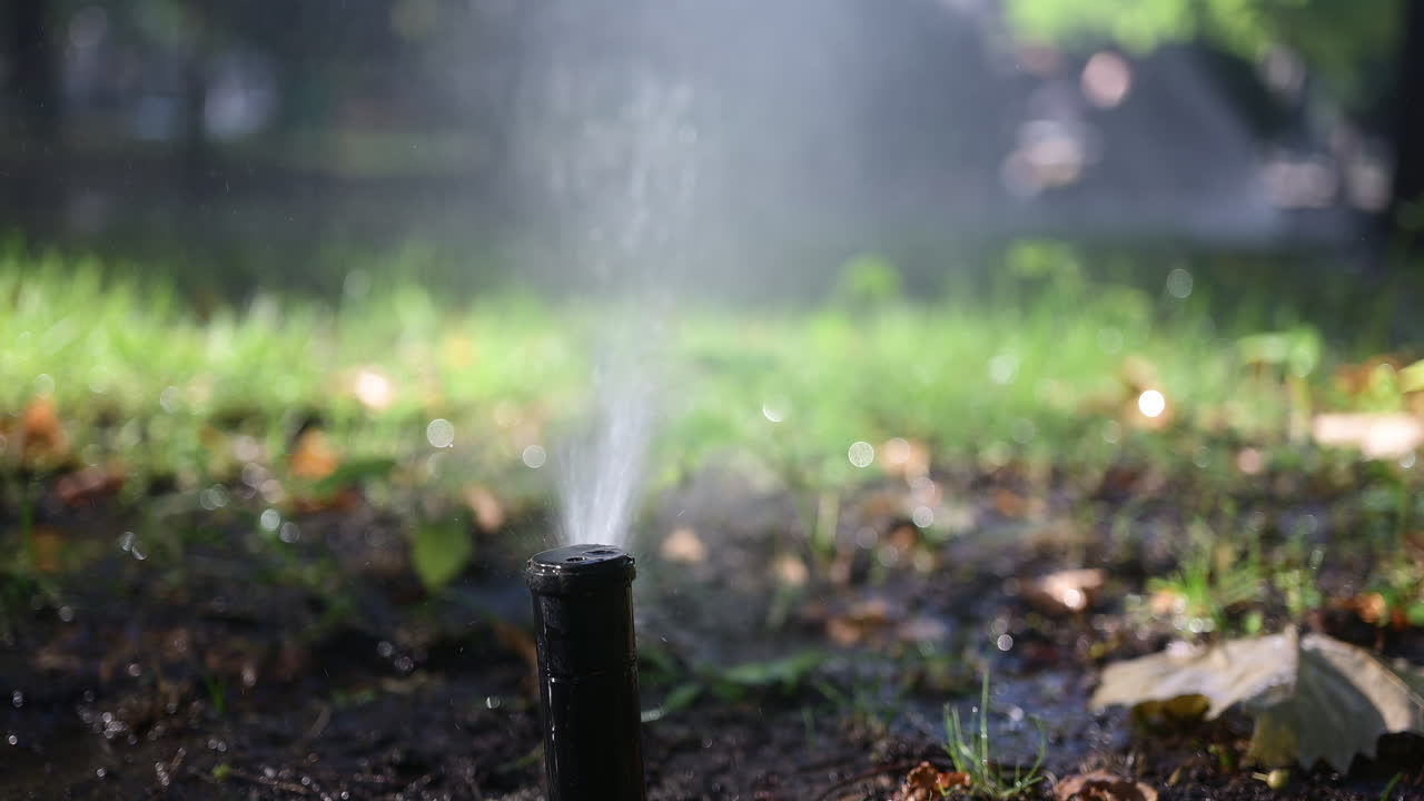 Irrigatore da giardino che spruzza acqua con raggi solari intensi, creando riflessi scintillanti