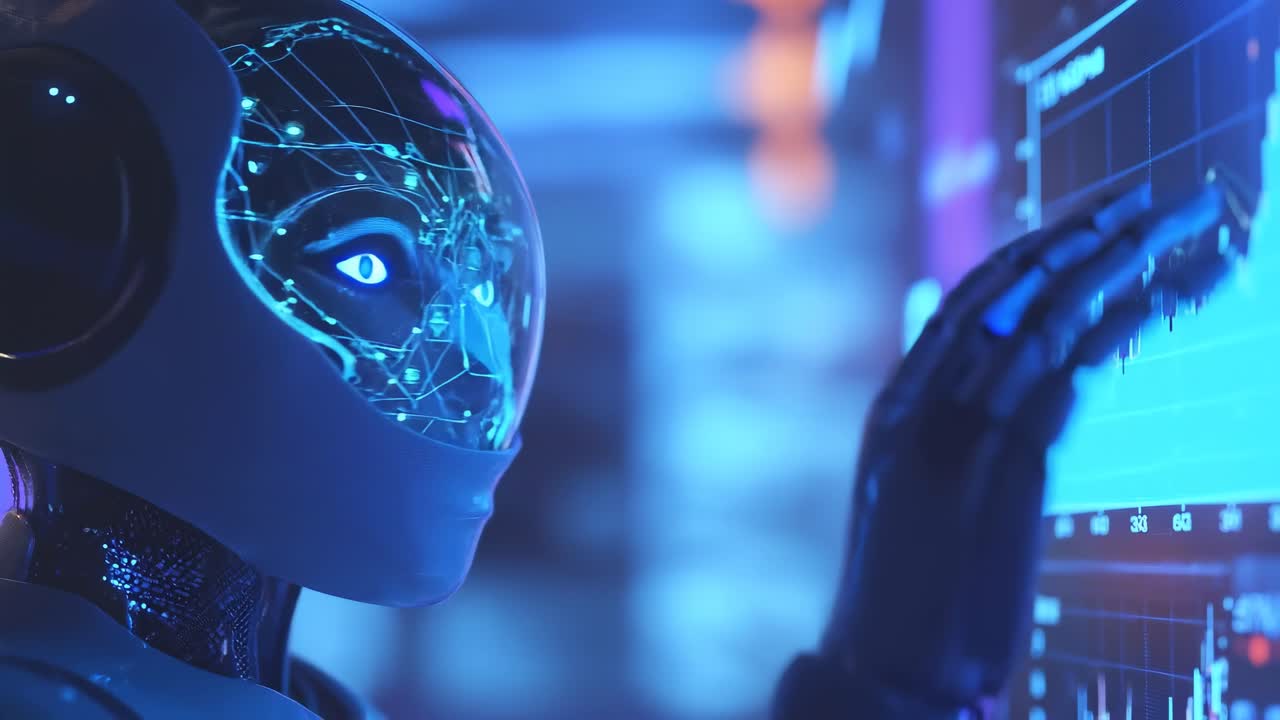 Robot AI futuristico che analizza dati digitali su uno schermo