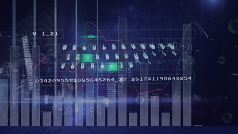 Animation-of-statistical-data-processing-against-light-spots-on-blue-background