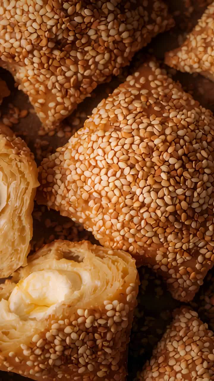 Vertical video: Panning camera revealing square sesame pastries on dark tray, showing cream filling