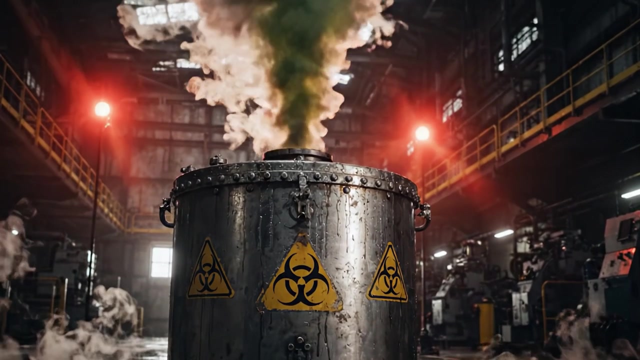 Un incontro di suspense in una fabbrica: un contenitore pericoloso emette vapore tossico e vapori colorati in un'ambientazione industriale minacciosa.