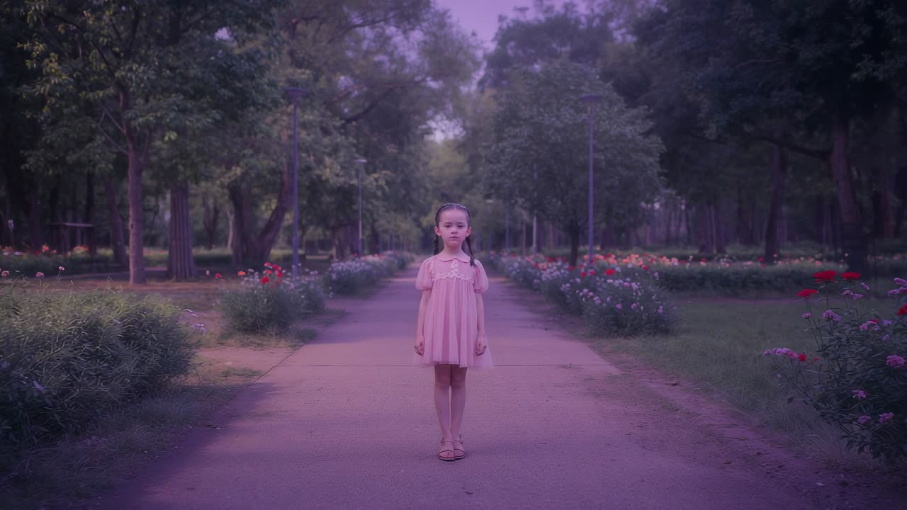 Standing girl with braided hair posing on paved park walkway, with flowerbeds and lampposts