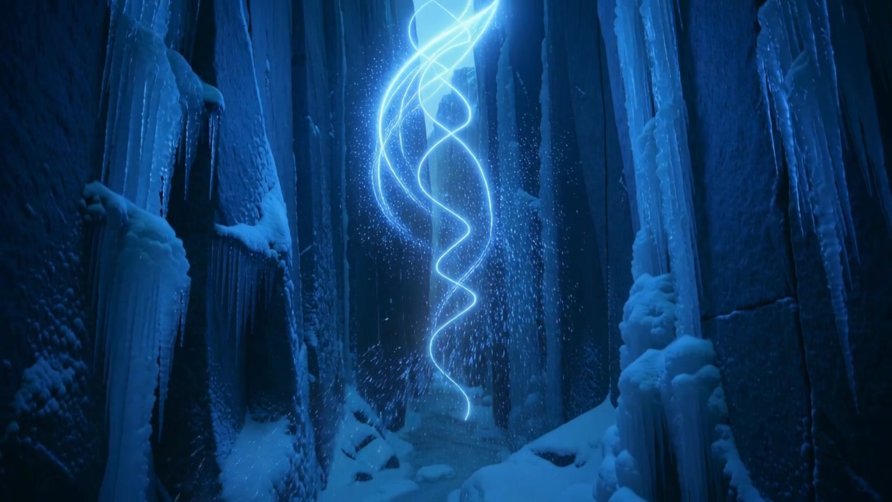 Emerging blue ribbon spiraling upward from snowy floor toward frozen canyon opening, casting frost