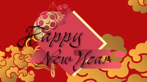 animation of happy new year text with oriental red and golden pattern on red background