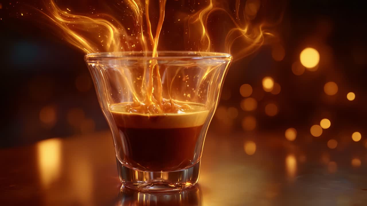 A Captivating Display of Coffee Creation: The Art of Pouring Aromatic Beverage into a Glass, Showcasing Beautiful Swirls and Steam Emitting with Warmth