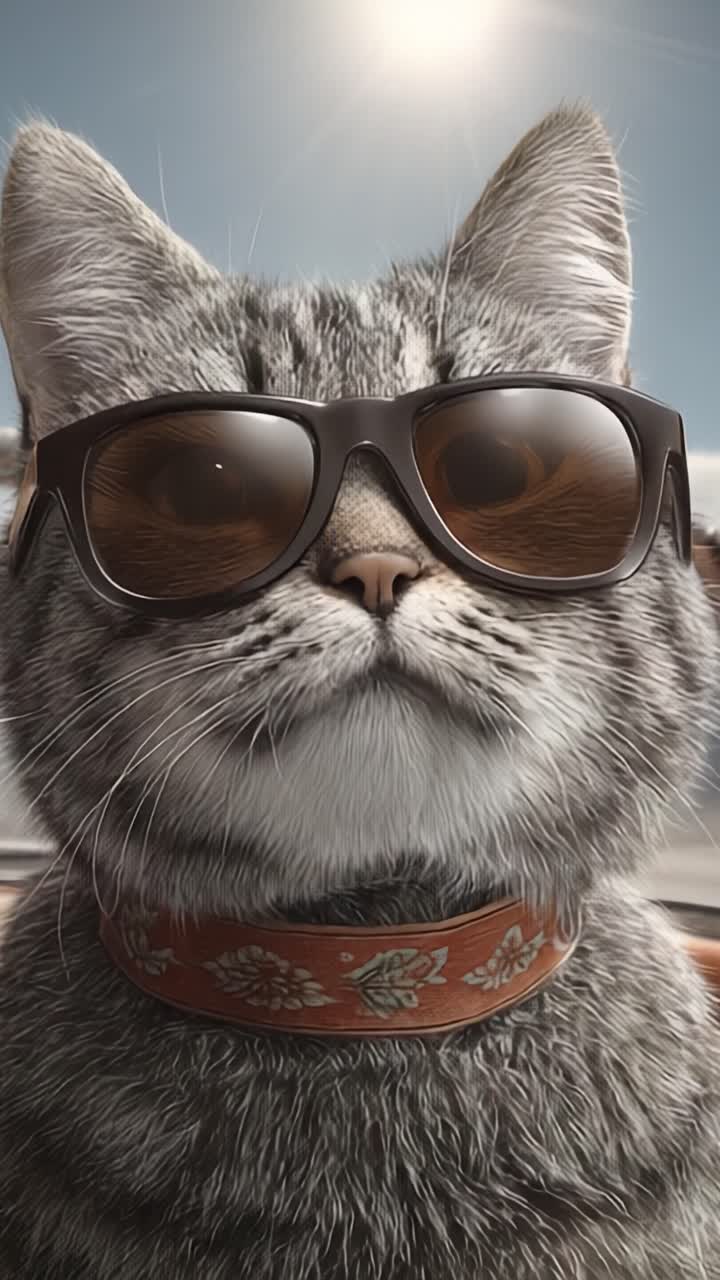 Kucing Keren Berkacamata Hitam: Kucing Bergaya Bersantai di Bawah Sinar Matahari dengan Kalung Chic dan Ekspresi Unik Terekam dalam Dua Bingkai