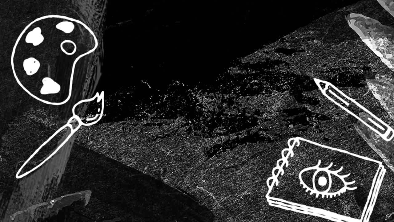 검은색에 회색 질감을 움직이는 색 페인트 브러시와 팔레트, 연필 및 스케치 패드의 애니메이션