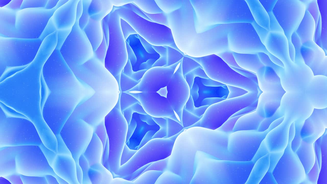 Smooth looped animation of 3d abstract soft matte shape like flower or mandala, symmetrical structure of blue purple velvet material interspersed sequins, changes shapes smoothly cyclical. Gradient