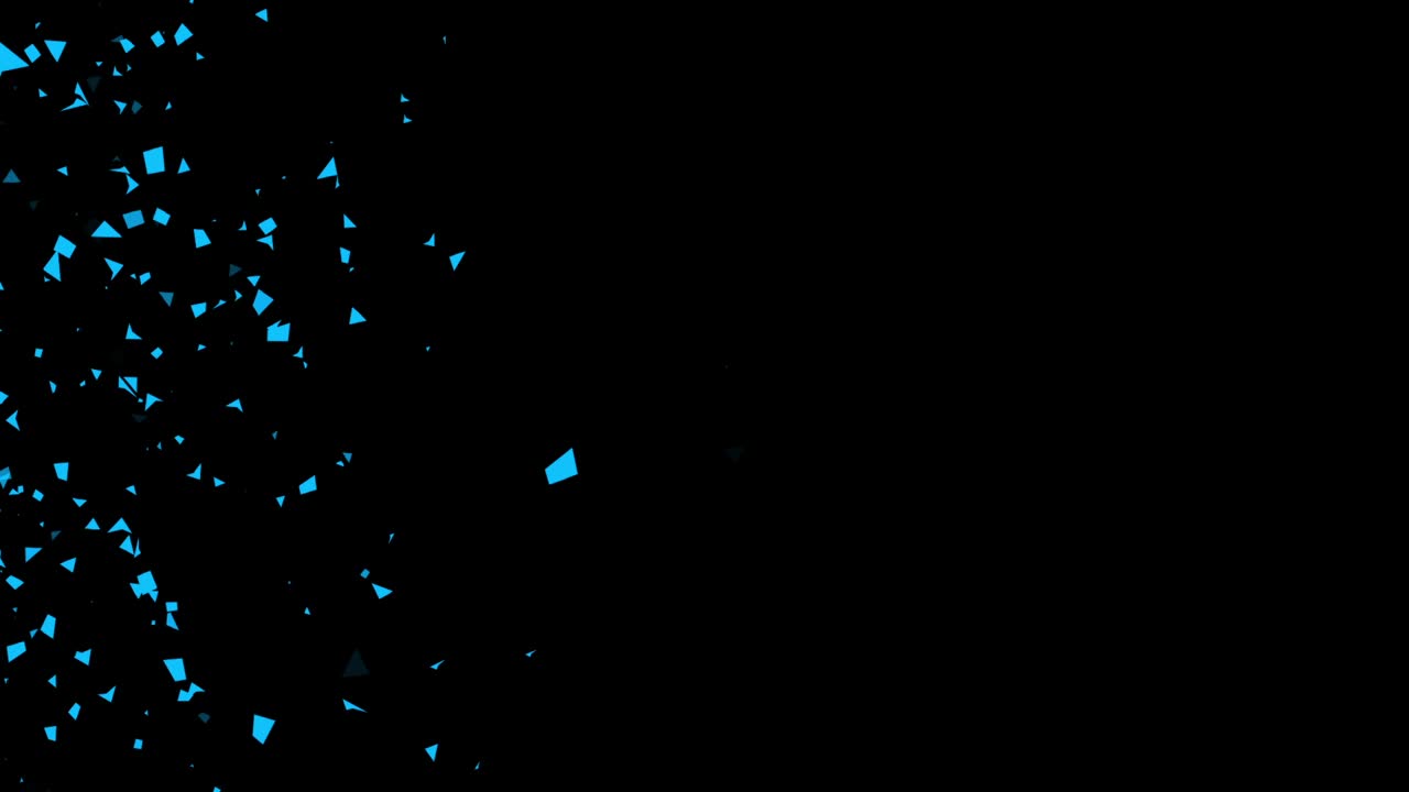 Abstract animation of blue geometric shards or confetti exploding from left side on black background. For parties, events, or intros