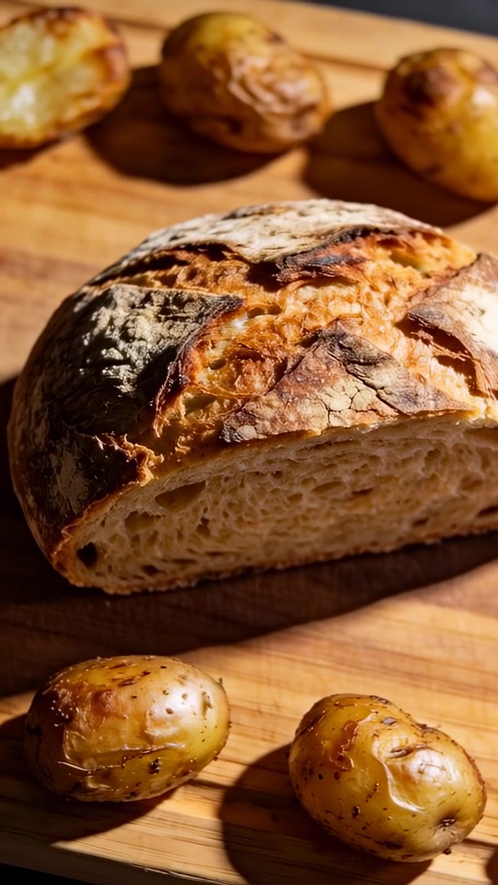 Vertical video: Tilting, zooming camera revealing loaf on board showing crust, potatoes, warm light