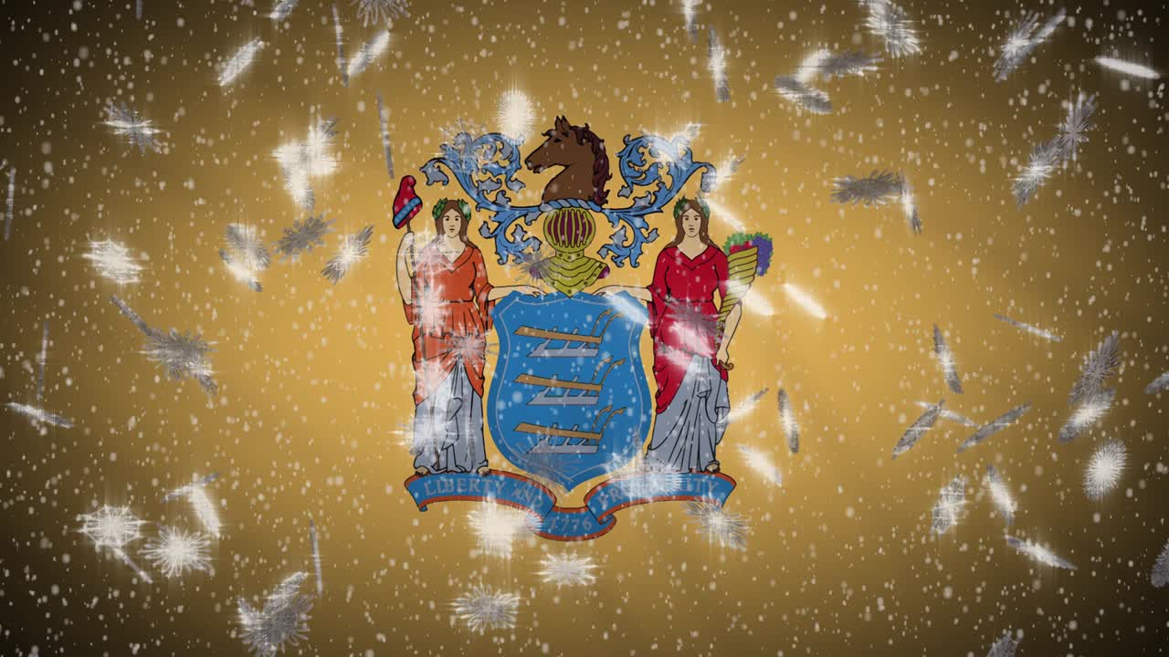 bandera de nueva jersey caída de nieve, año nuevo y fondo de navidad, bucle
