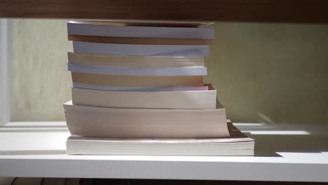 a stack of books on a shelf