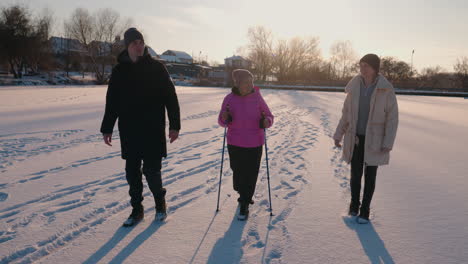 amigos nórdicos caminando en un lago congelado en invierno