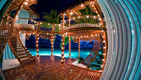 bamboo hut resort at night