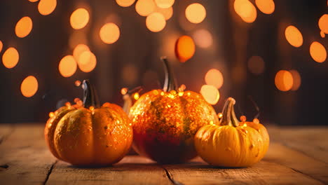 three pumpkins on a wooden table