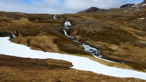 aerial view over mountain area with snow and river in iceland