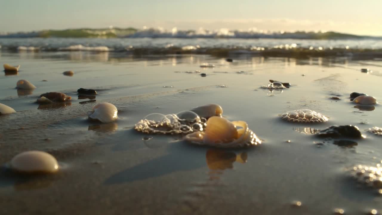 Advancing surf foam surrounding cluster of small shells at shoreline, revealing pale yellow bead