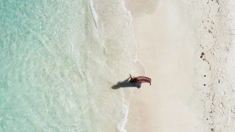 Toma-Aérea-De-Arriba-Hacia-Abajo-De-Una-Mujer-Caminando-A-Lo-Largo-De-Idílicas-Aguas-Tropicales-Y-Playa-De-Arena-Blanca,-Centroamérica