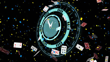 animation of clock and scope scanning over confetti and playing cards