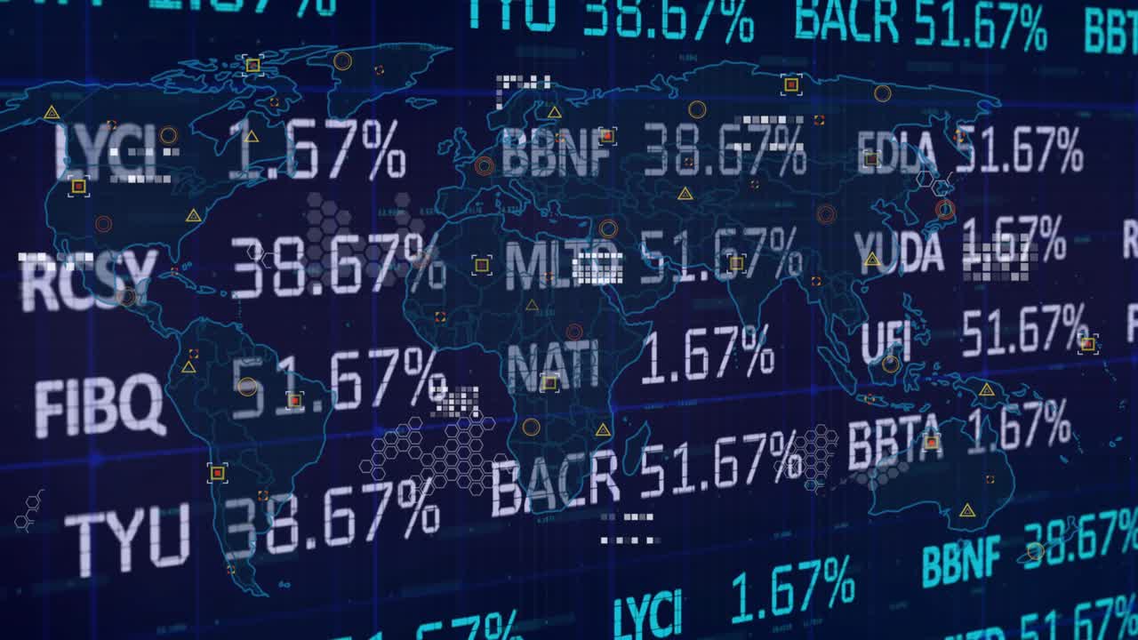 On market update streaming financial display updating values pulsing tickers showing map clusters