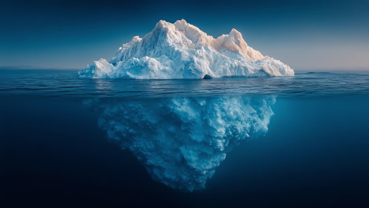A Stunning Visual of an Iceberg Majestically Rising from the Ocean, Capturing the Reflections Beneath the Surface in Serene Blue Hues and Clarity