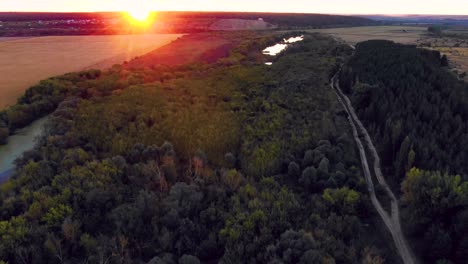 vista aérea de un río y un bosque al atardecer