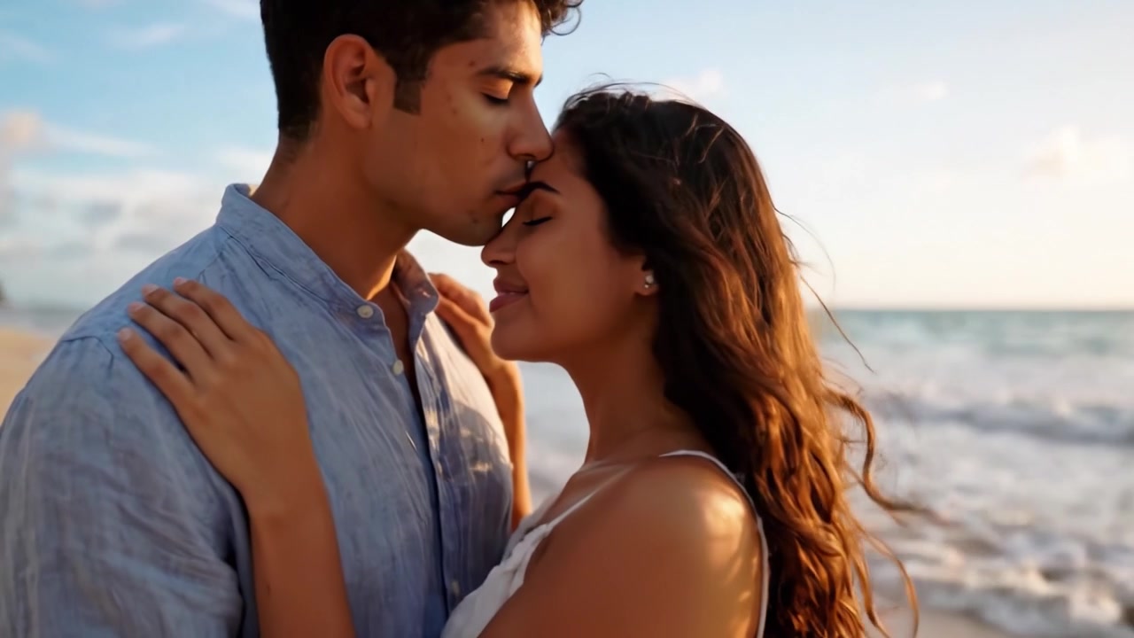 A Romantic Beach Encounter: Capturing the Essence of Love and Connection Between Two People Embracing on a Beautiful Shoreline at Sunset.