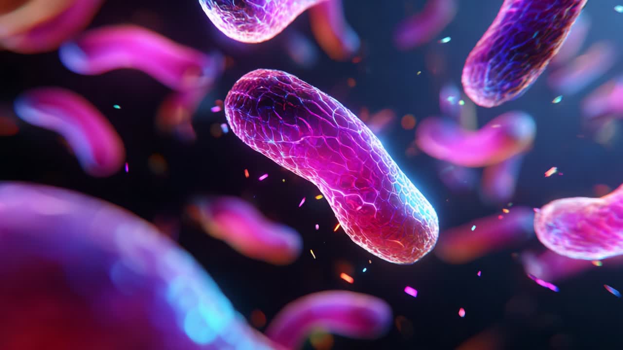 A Vibrant Visualization of Bacterial Cells Under Microscopic Observation, Capturing Stunning Microbial Life With Dynamic Colors and Intricate Structures in a Detailed Digital Representation