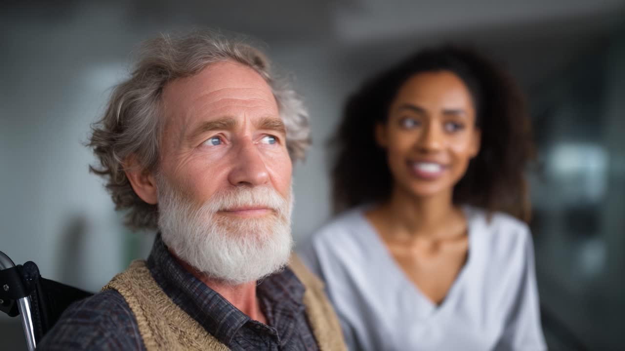 A Heartwarming Interaction Between an Elderly Man and a Caregiver, Highlighting Compassion and Connection in a Modern Healthcare Setting