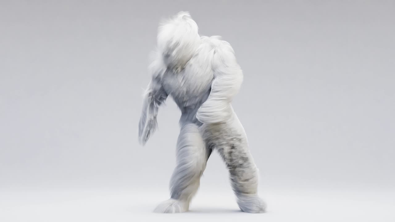 monstruo peludo clip de baile aislado en el fondo blanco. pelaje brillante divertido personaje esponjoso, pelaje, cabello lleno, chewbacca, muñeco de nieve, render 3d. escabullirse.