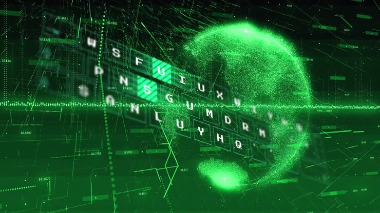 Animation of data processing and light trails over spinning globe against green background