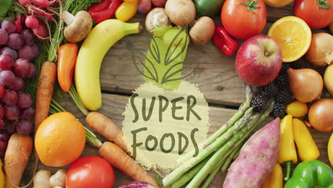 animación de texto de súper alimentos sobre frutas y verduras