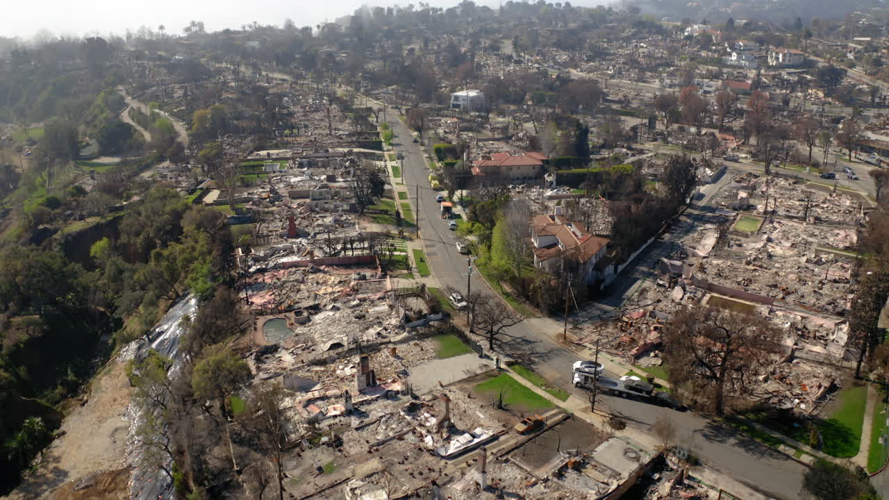 Aerial View of Extensive Wildfire Damage in a Residential Neighborhood