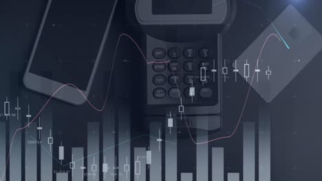 animation von statistiken und finanzdatenverarbeitung über smartphone und zahlungsterminal