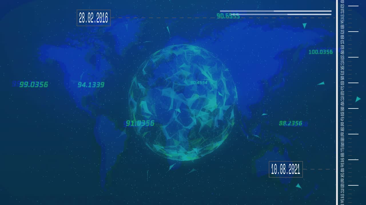 Rotating low-poly globe sending bright arcs on new date labels for visualizing data timeline