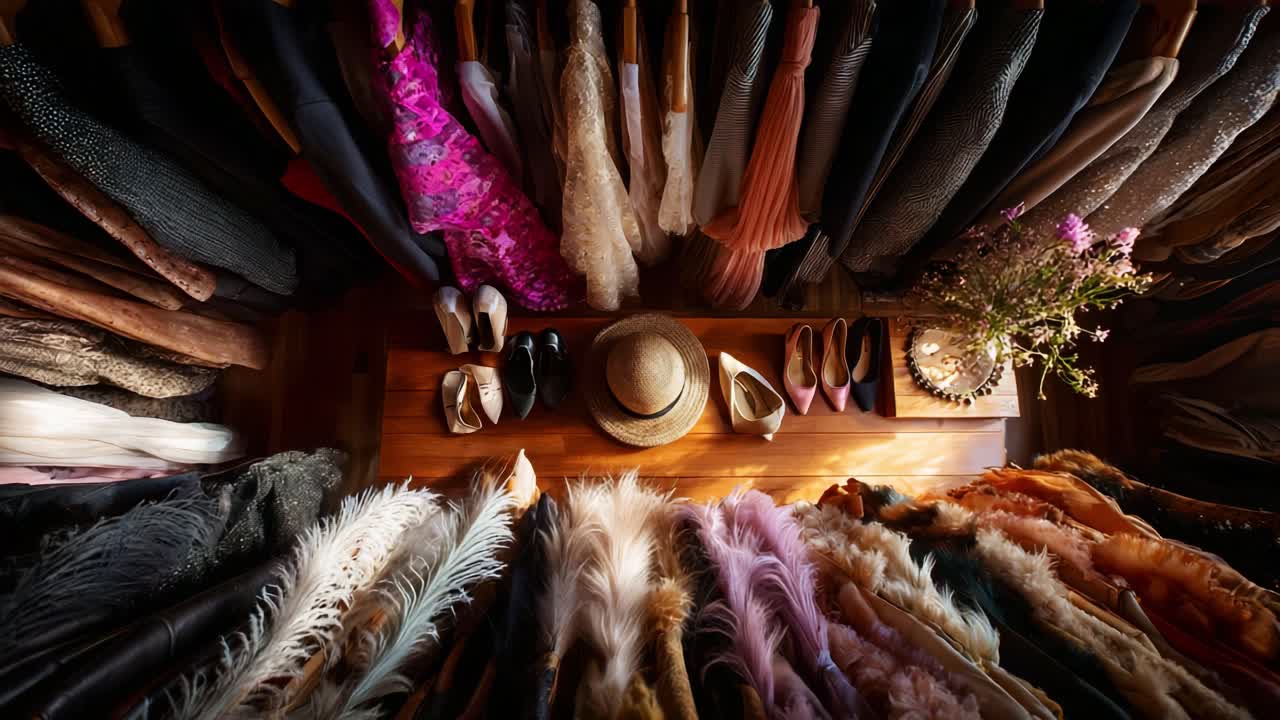 A Stylish Wardrobe Showcase Featuring an Array of Elegant Clothing, Footwear, and Accessories in a Well-Organized Closet, Perfectly Arranged for Fashion Enthusiasts