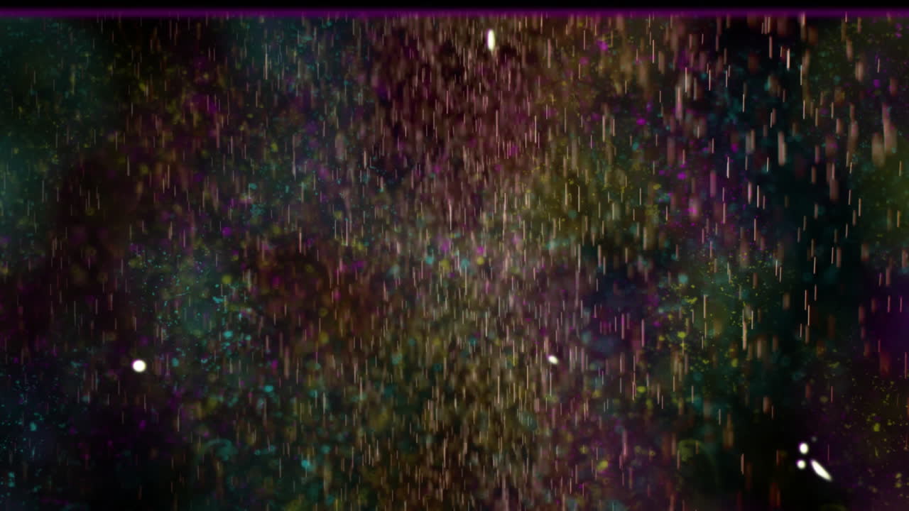 Falling and swirling multicolored particles and droplets moving in dark studio with animated lights