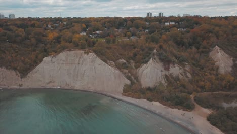 Aerial-clip-of-the-Scarborough-Bluffs-coastline,-Canada,-in-the-Lake-Ontario