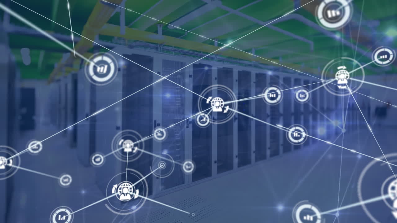 Animation of network of communication icons and data processing over computer server room