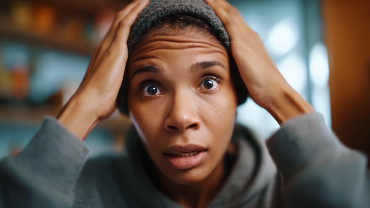 A young woman expresses intense emotional distress and confusion while gripping her head, her eyes wide open in shock and disbelief in a well-lit indoor setting