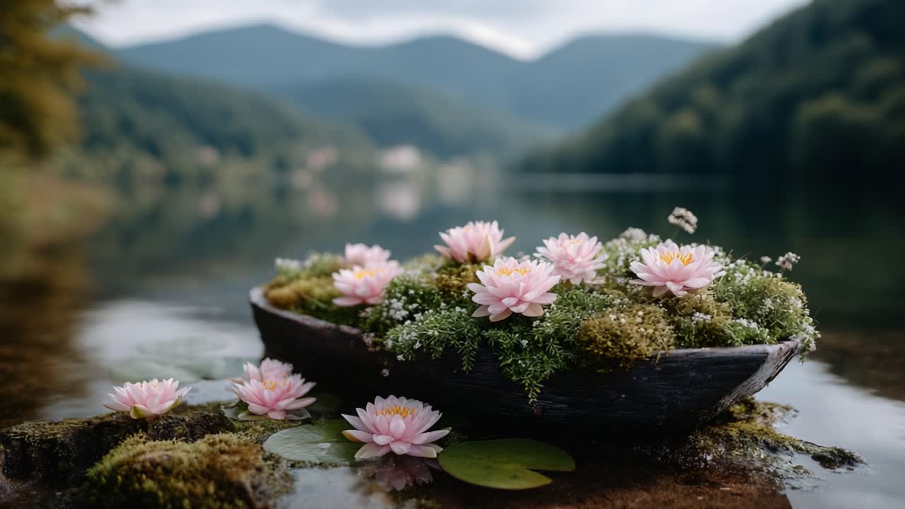 Enchanting Scene of Water Lilies in a Serene Boat on a Tranquil Lake Surrounded by Lush Mountains, Evoking Peace and Natural Beauty