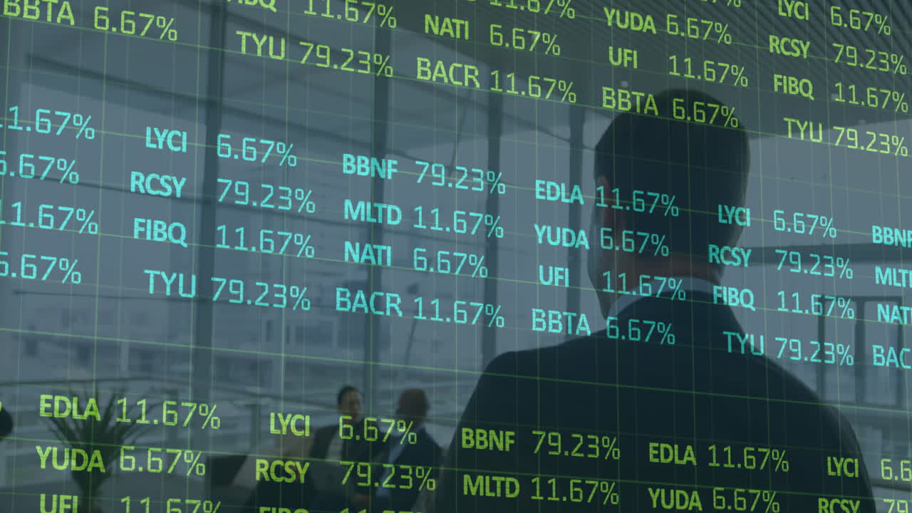Animasjon av finansdatabehandling over forretningsfolk